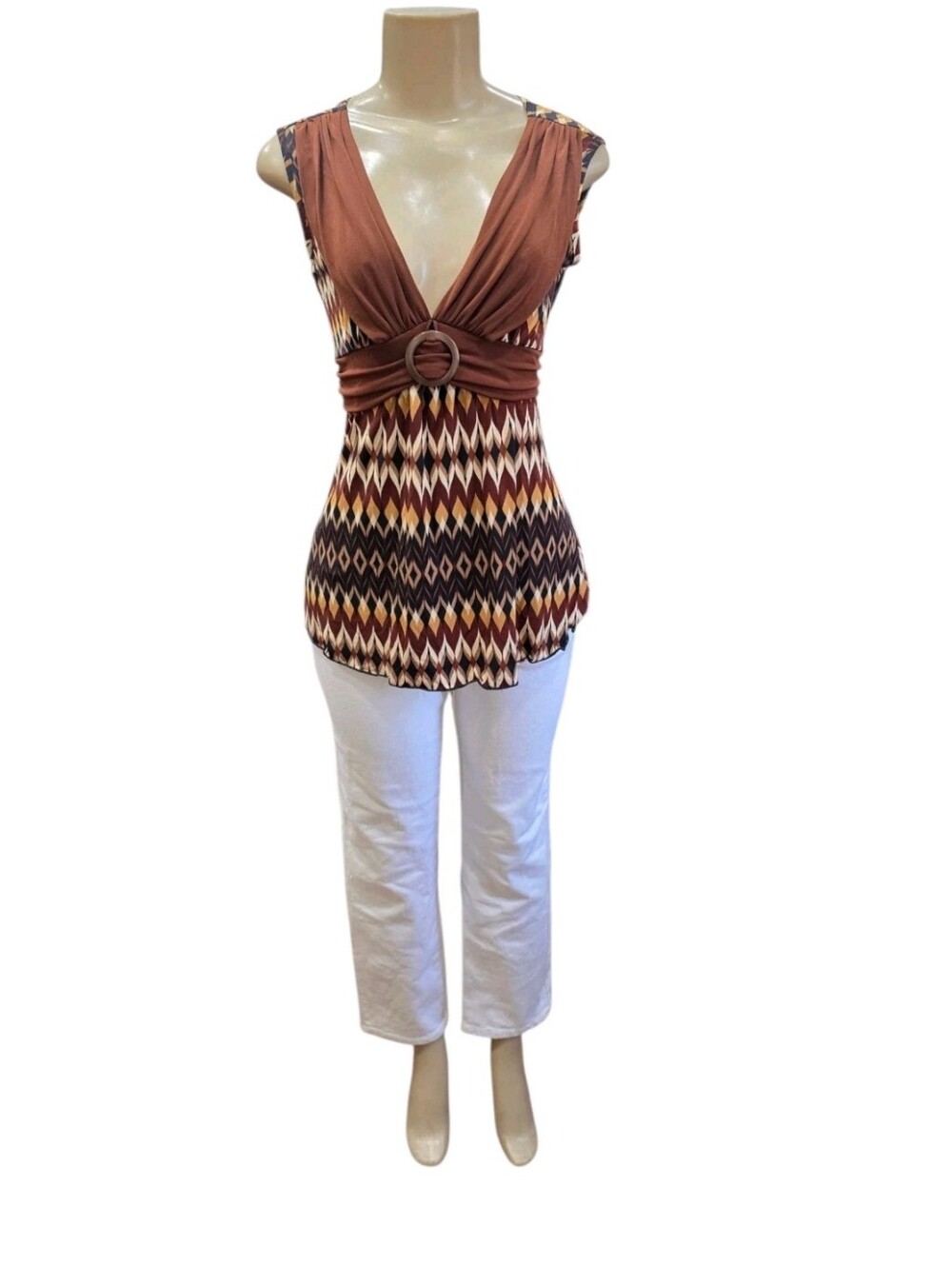​Vol. 1 Women Top Small Brown Geometric Y2K Boho V Neck Ring Accent Tie Back NWT